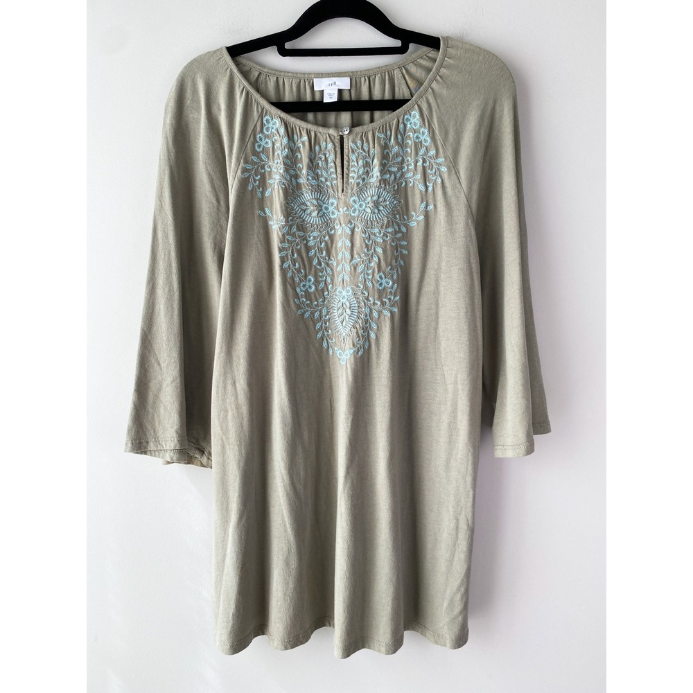 J Jill Womens Tunic Top XS Sage Green Embroidered Split Neck 3/4 Sleeve Boho